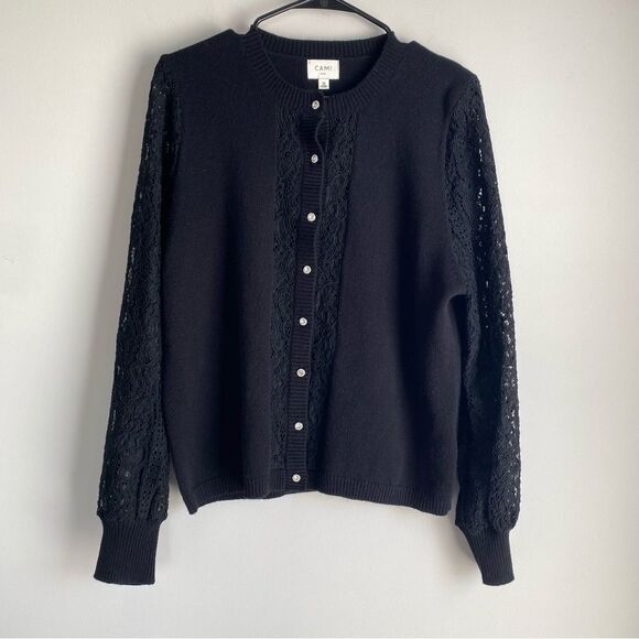 Cami NYC Lita Open-Knit Lace Sleeve 100% Merino Wool Cardigan Sweater - Picture 1 of 6